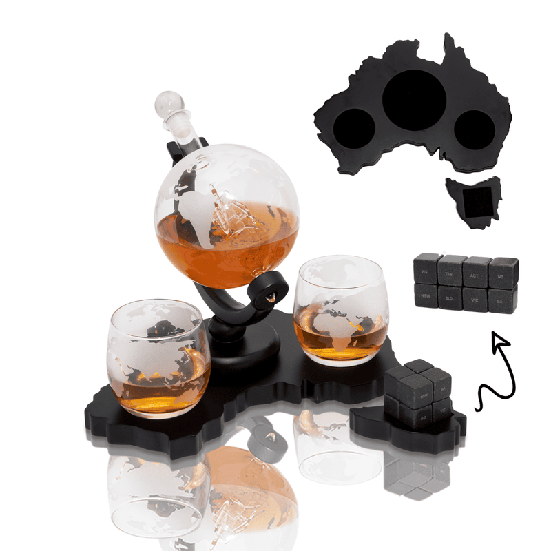 Don Vassie Australia's Map Wooden Base Etched Globe Whisky Decanter Set -Limited Edition/Exclusive to Don Vassie Decanters