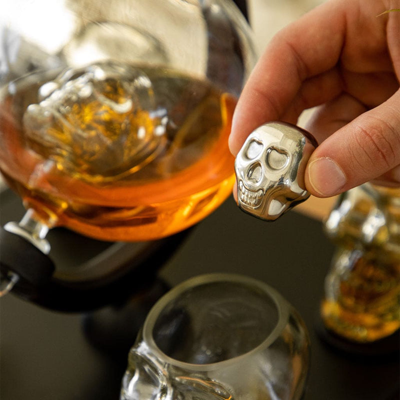 Don Vassie Skull Globe Decanter Set with 4 skull shot glasses+4 stainless steel skull stones