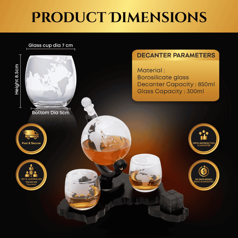 Don Vassie Australia's Map Wooden Base Etched Globe Whisky Decanter Set -Limited Edition/Exclusive to Don Vassie Decanters