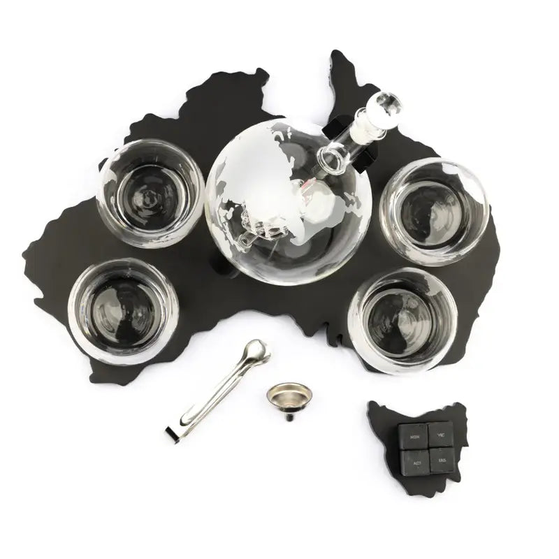 Don Vassie Australia's Map Wooden Base Etched Globe Whisky Decanter Set with 4 Glasses-Limited Edition