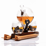 Don Vassie globe decanter set with 2 glasses and a rocket shaped mahogany wooden base