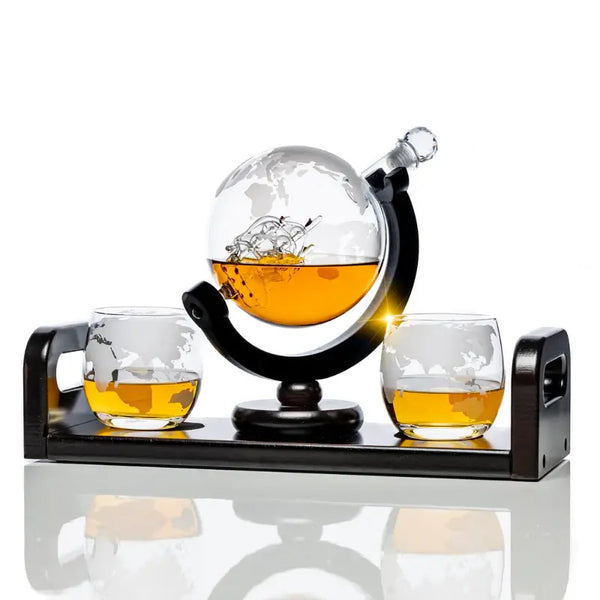 Don Vassie Etched Globe Whisky Decanter with 2 Etched Glasses on Rich Wood Mahogany Base Tray with 2 Side Handle - Don Vassie Decanters