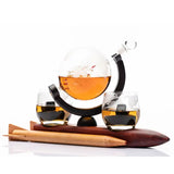 Don Vassie globe decanter set with 2 glasses and a rocket shaped mahogany wooden base