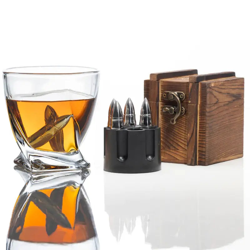 Don Vassie XL Whisky Silver Bullet Chillers with Revolver Holder and a Wooden Box