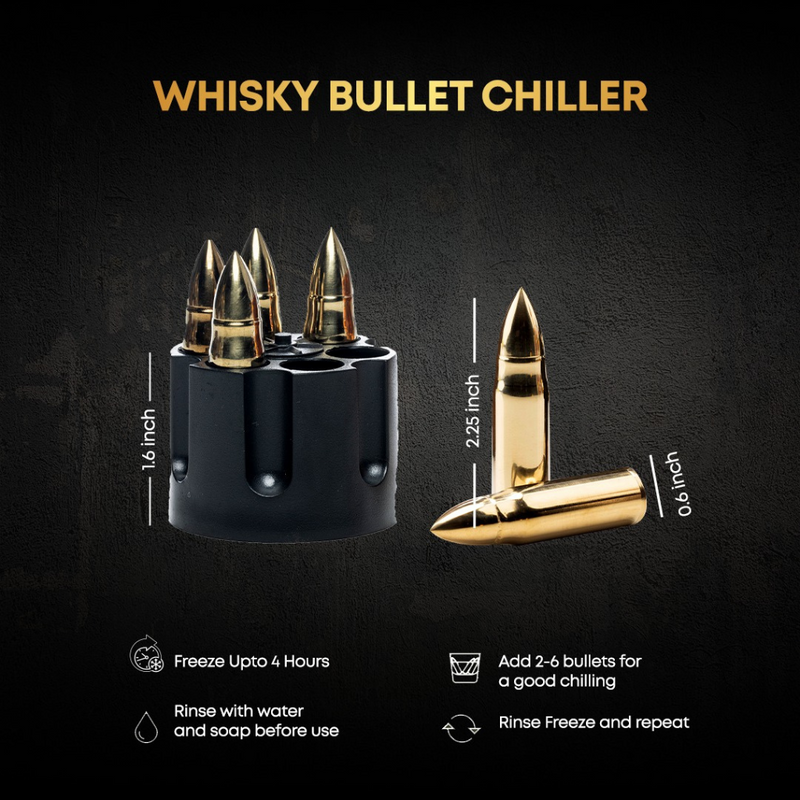 Don Vassie XL Whisky Bullet Chillers 6 pcs Golden with a Revolver Base and a Wooden Box.
