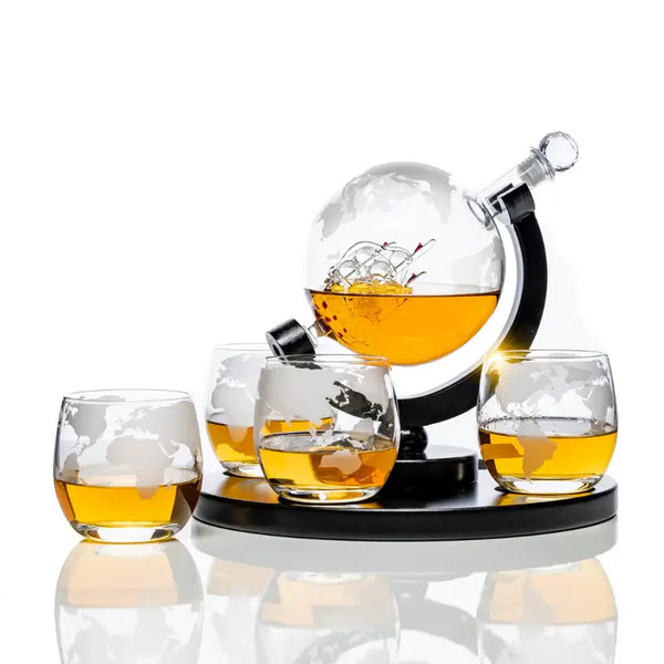 Don Vassie Etched Globe Decanter Set with 4 Etched Glasses and a Round Mahogany Wooden Base - Don Vassie Decanters