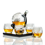 Don Vassie Etched Globe Decanter Set with 4 Etched Glasses and a Square Mahogany Wooden Base - Don Vassie Decanters