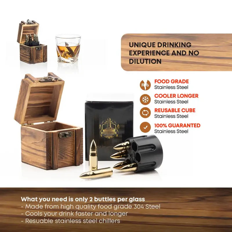 Don Vassie XL Whisky Bullet Chillers 6 pcs Golden with a Revolver Base and a Wooden Box.