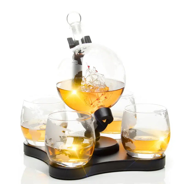 Don Vassie Globe Decanter 850ml with 4 Glasses and squircle wooden Base - Don Vassie Decanters