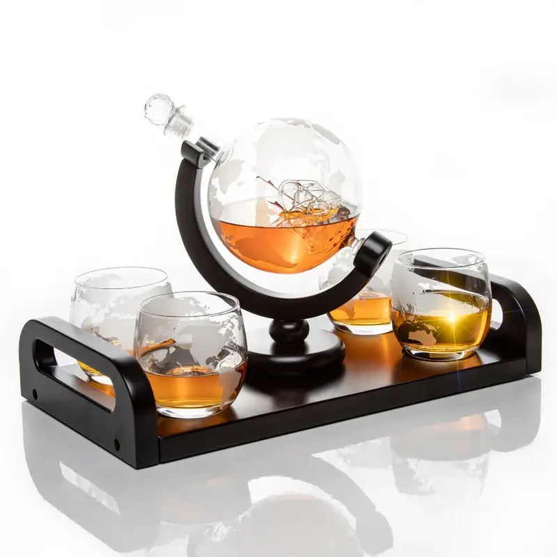 Don Vassie Globe Decanter Set 850ml with 4 Glasses and Wooden Tray Base - Don Vassie Decanters
