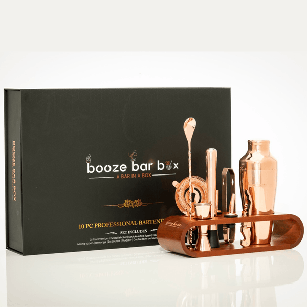 BOOZE BAR BOX-PROFESSIONAL BARTENDING KIT (ROSE COLOUR PLATED )WITH A BAMBOO STAND