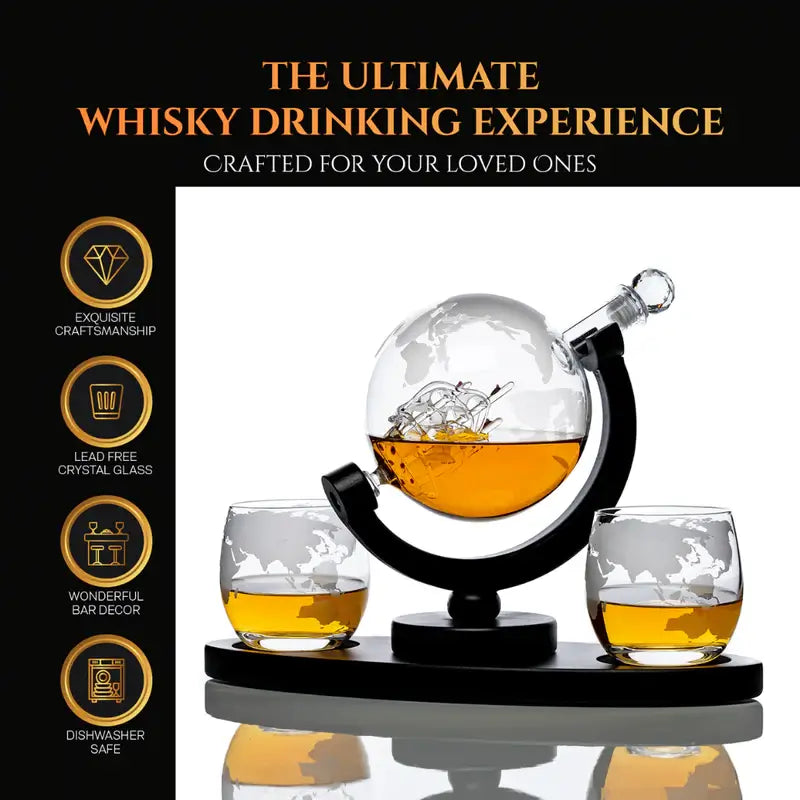 Don Vassie Etched Globe Whisky Decanter Set + 2 Whisky Glasses 10 Oz - Don Vassie Decanters