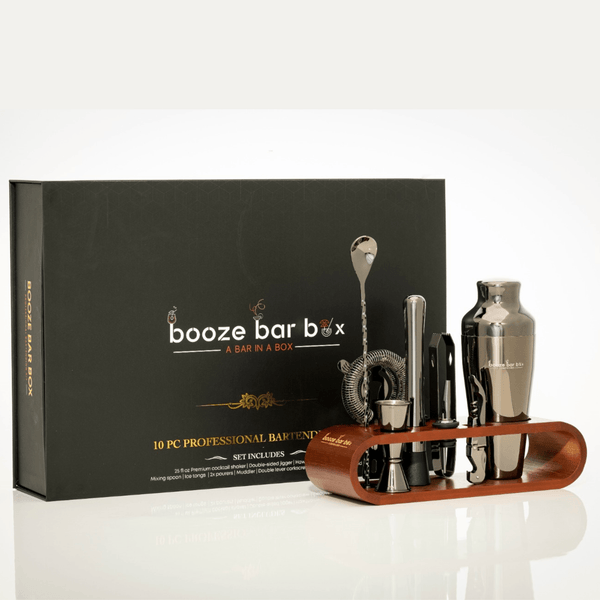 BOOZE BAR BOX-PROFESSIONAL BARTENDING KIT (GUN METAL BLACK COATED )WITH A BAMBOO STAND