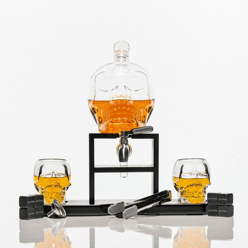 Don Vassie Skull Decanter 750ml with 2 Large Skull Glasses(165ml) and Mahogany Wooden Base with Spigot