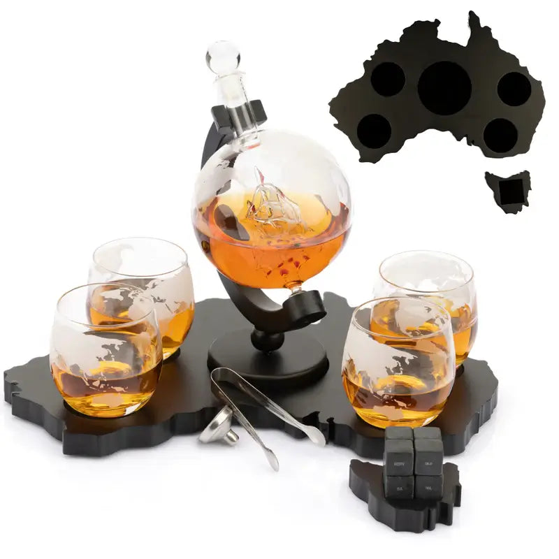 Don Vassie Australia's Map Wooden Base Etched Globe Whisky Decanter Set with 4 Glasses-Limited Edition